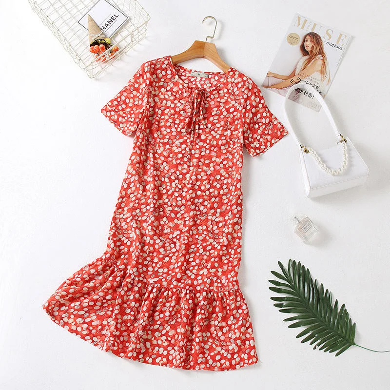 Plus Size Orange Chiffon Mermaid Short Sleeve Dress Floral Plus Dress