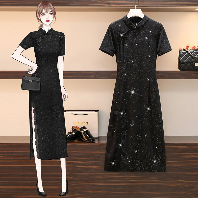 Plus Size Shimmer Black Cheongsam Dress Stylish Plus Gown