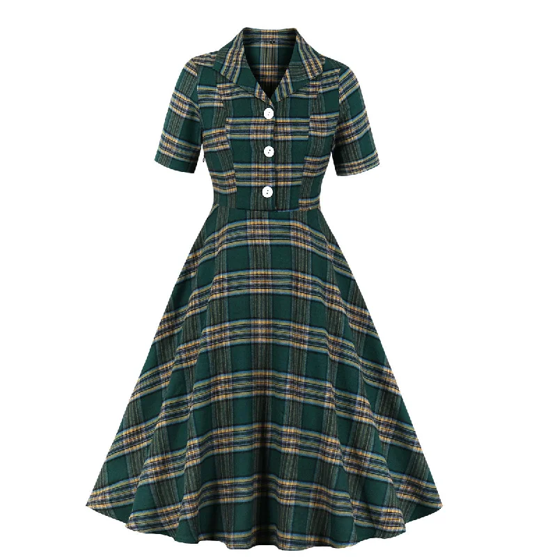 Plus Size Green Checked Trench Coat Short Sleeve Shirt Dress Plus Size Formal