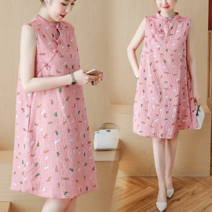 Plus size pink feather loose sleeveless dress cheongsam Sleeveless Plus Dress