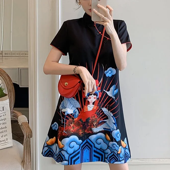 Plus Size Chinese Opera Girl Art Short Sleeve Dress Cheongsam Plus Size Outfit