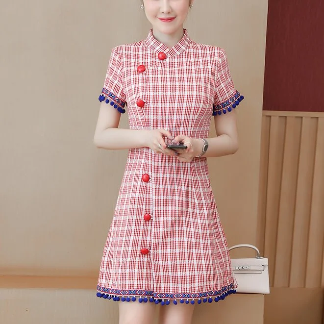 Plus Size Red Ethnic Big Buttons Short Sleeve Dress Cheongsam Plus Size Maxi