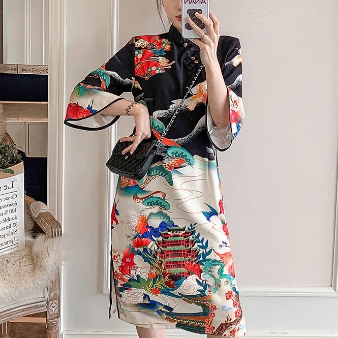 Plus Size Black Japanese Mid Sleeve Cheongsam Dress Plus Size Sleeves
