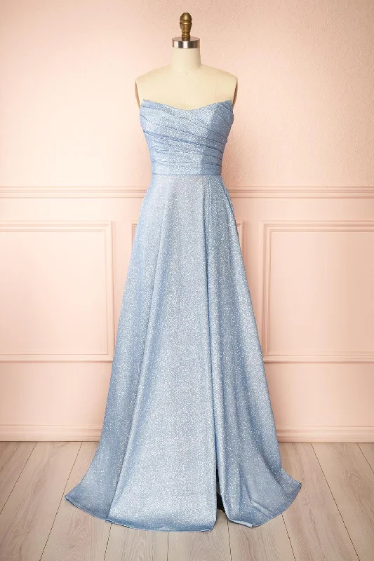 Fitzi Light Blue | Sparkly Strapless Maxi Dress w/ Slit
