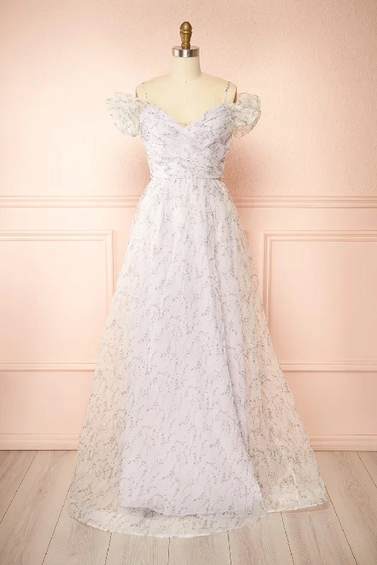 Ahbee Lavender | Off-Shoulder Floral Maxi Organza Dress
