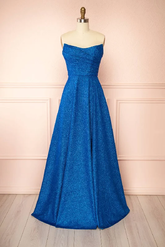 Fitzi Blue | Sparkly Strapless Maxi Dress w/ Slit