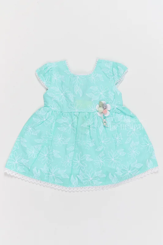Cotton Plain Dress for Girls with Elegant Floral Embroidery and Lace Trim