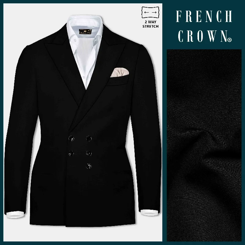 Jade Black Stretchable Subtle Sheen Wool Rich Double Breasted Blazer