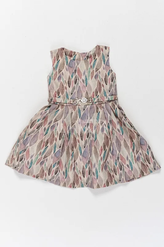 Girls Cotton Frock with Artistic Leaf Print and Chic Waist Belt