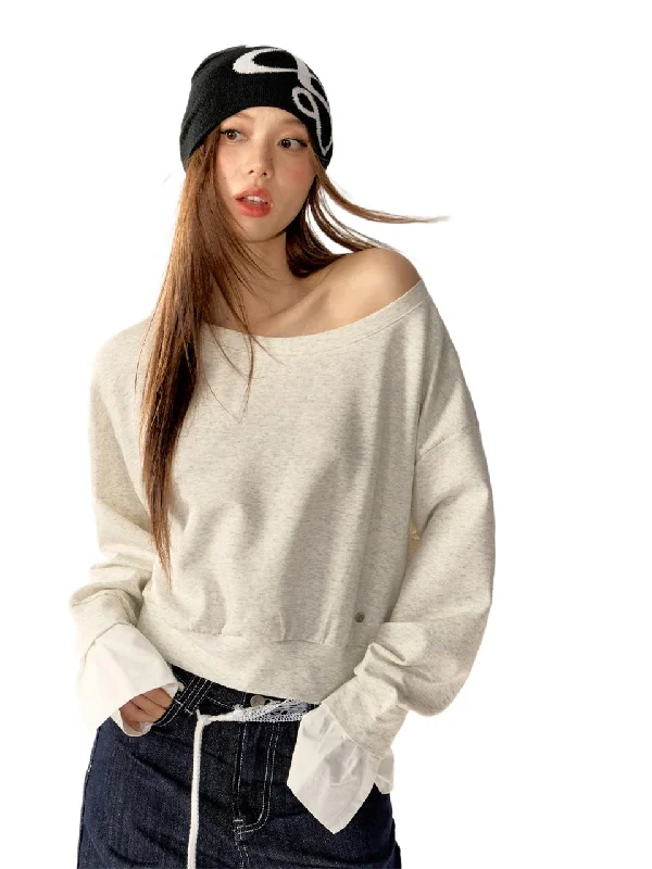 Navy Blue & Gray Cuff Patchwork Cropped Sweatshirt Holiday sweaters