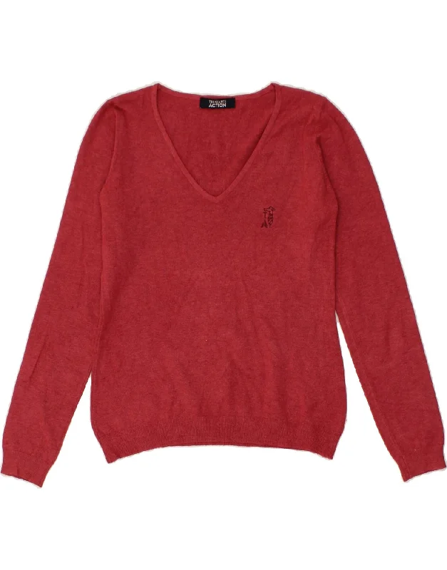 TRUSSARDI Womens V-Neck Jumper Sweater IT 42 Medium Red Anti-pilling sweaters