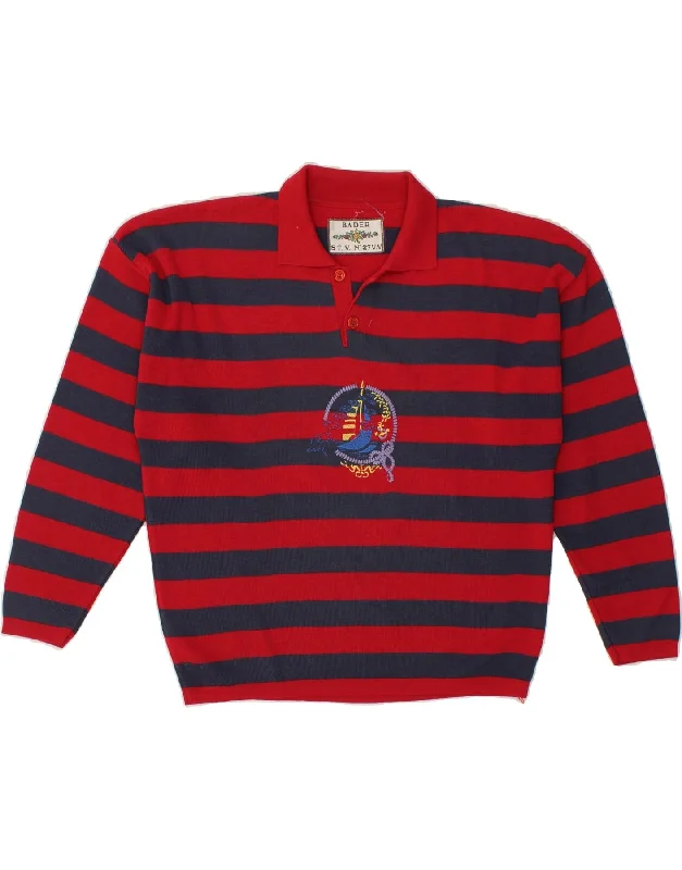 VINTAGE Womens Polo Neck Jumper Sweater UK 12 Medium Red Striped Wool Fashionable sweaters