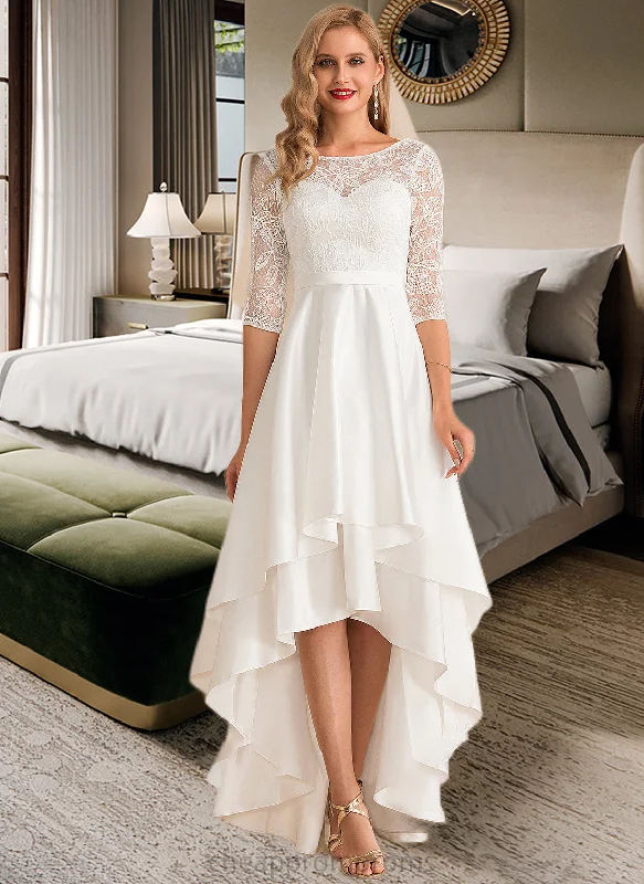 Briley A-Line Scoop Neck Asymmetrical Satin Lace Wedding Dress STIP0013684 Illusion Neckline Gown