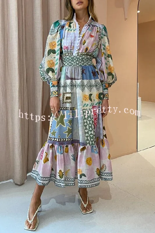 Lilipretty Playfully Chic Unique Print Balloon Sleeve Smocked Waist Shirt Midi Dress Long sleeve midi dresses