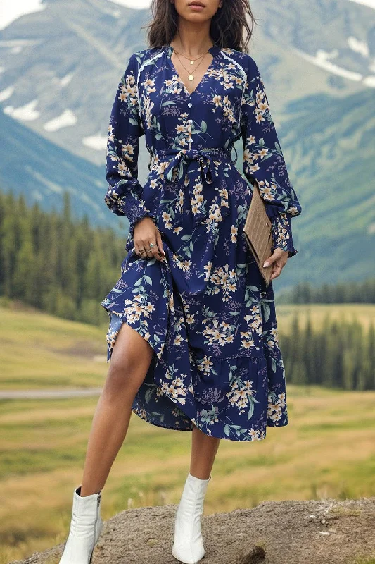 Printed Notched Lantern Sleeve Midi Dress Best midi dresses for summer vacation