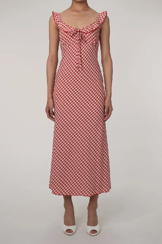 Retro Gingham Printed Ruffle V Neck Summer Fishtail Midi Sundress Clubbing midi dresses
