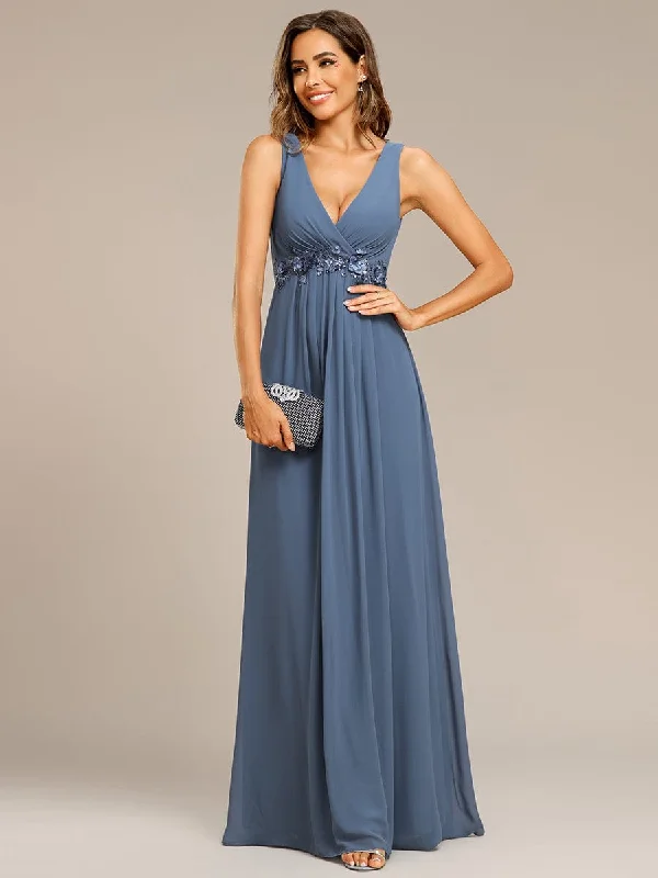 Floral Applique Sleeveless Chiffon Long Formal Evening Dress Discounted floral dresses