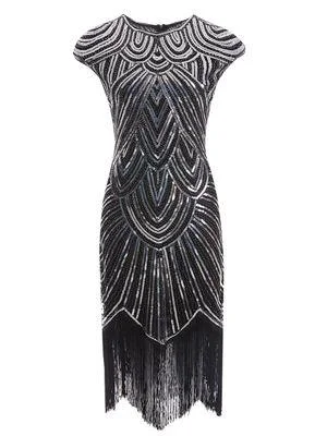 Black and Silver Beaded Cap Sleeve Great Gatsby Dress Boho unclassified dresses