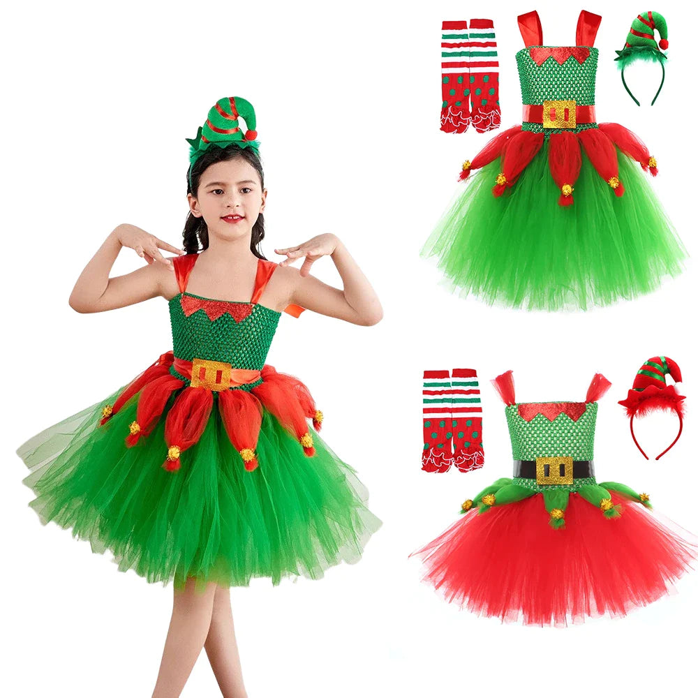 Christmas Children Costume Elf Cosplay Festival Performance Xmas Red Green Girl Dress Up Suit Engagement unclassified dresses