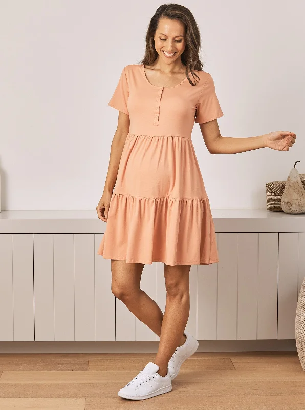Lana Maternity Tiered Dress in Apricot Striped unclassified dresses