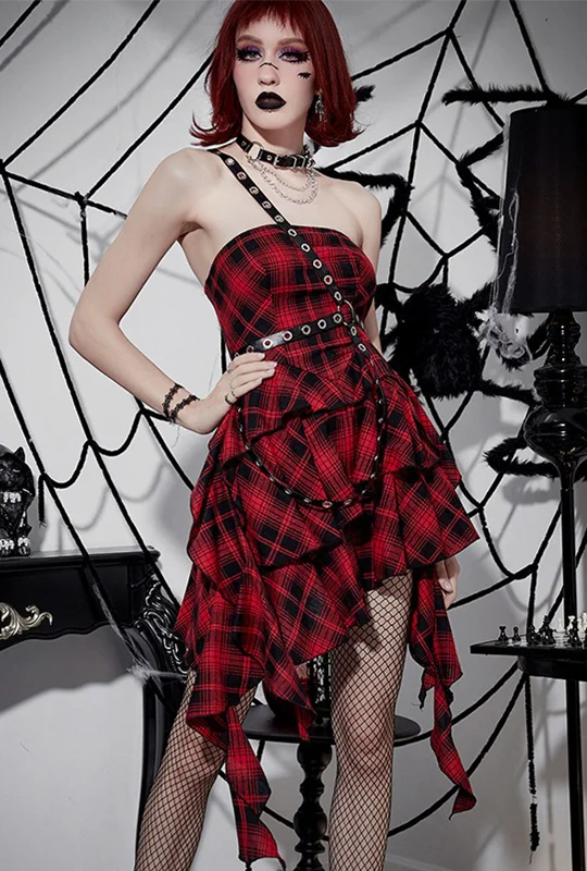 Punk Red Plaid Strappy Dress Dark color unclassified dresses