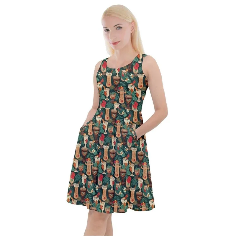 Retro Tiki Luau Knee Length Skater Dress With Pockets Budget-friendly unclassified dresses