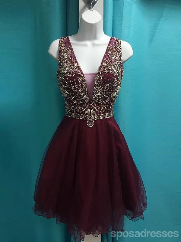 See Through V Neck Cute Beaded Maroon Homecoming Dresses 2018, CM499 One-shoulder unclassified dresses See Through V Neck Cute Beaded Maroon Homecoming Dresses 2018, CM499 One-shoulder unclassified dresses