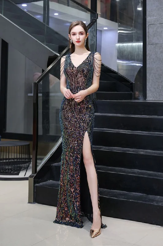 Sparkle V-neck High split Sleeveless Black Evening Dress On Sale Street style unclassified dresses