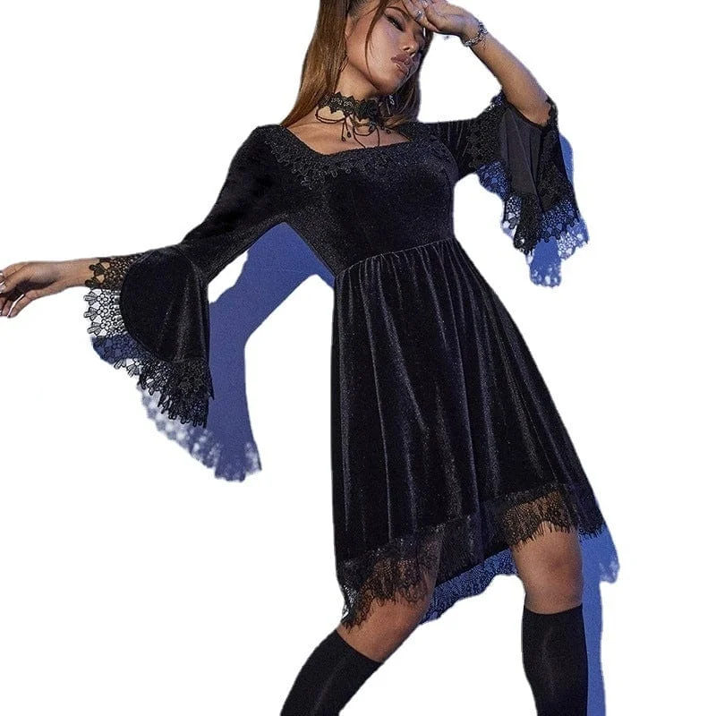 Women's Gothic Flared Sleeved Lace Hem Velvet Dress Lace Dress Perfect
