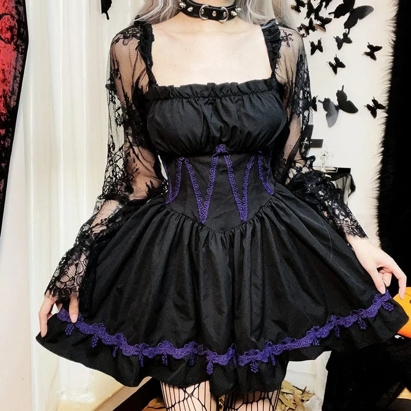 Women's Gothic Lace Sleeved Draped Dress Lace Gown Style