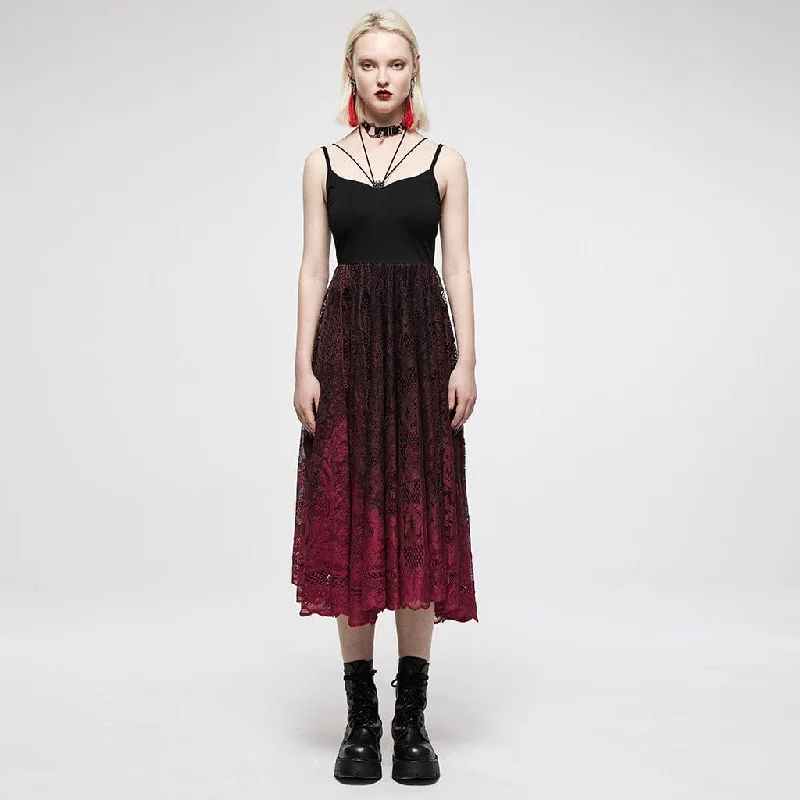 Women's Gothic Red Gradient Floral Lace Slip Dress Lace Dress Sparkle