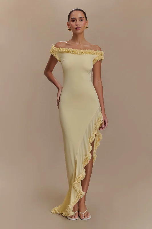 Arielle Off Shoulder Ruffle Midi Dress - Pastel Lemon Ruffled Midi Skirt