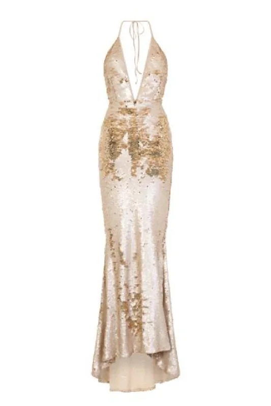 Cosmo Stone Gold Reversible Sequin Plunge Mermaid Fishtail Dress Formal Sequin Gown