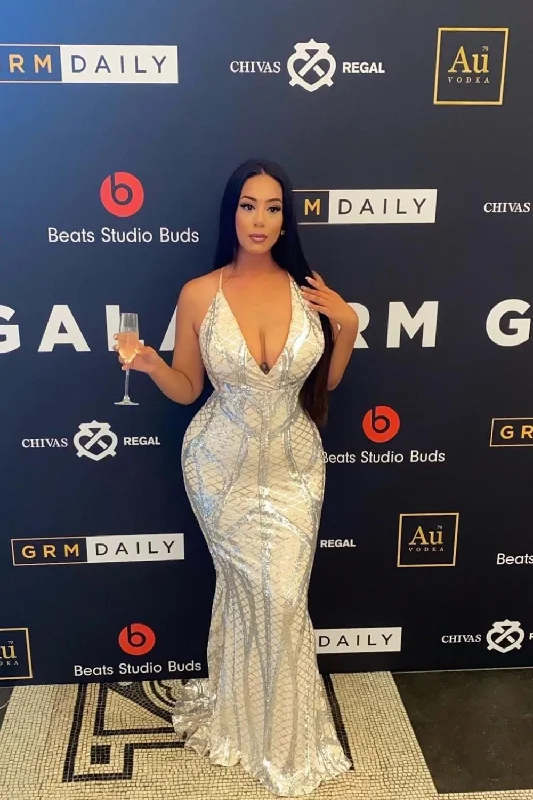 Last Dance Silver Nude Plunge Cage Sequin Bandage Illusion Fishtail Dress Sequin Cocktail Dress