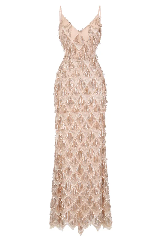 Serenity Gold Nude Ombre Sequin Tassel Fringe Backless Mermaid Dress Bodycon Sequin Dress
