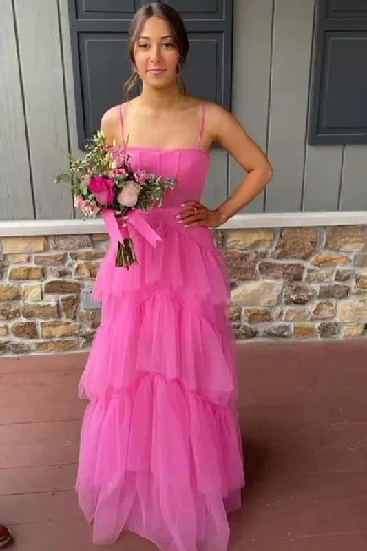 Elegant A-Line Hot Pink Tiered Tulle Long Prom Dress Evening Dress Y1594 Ruffled Tulle Gown